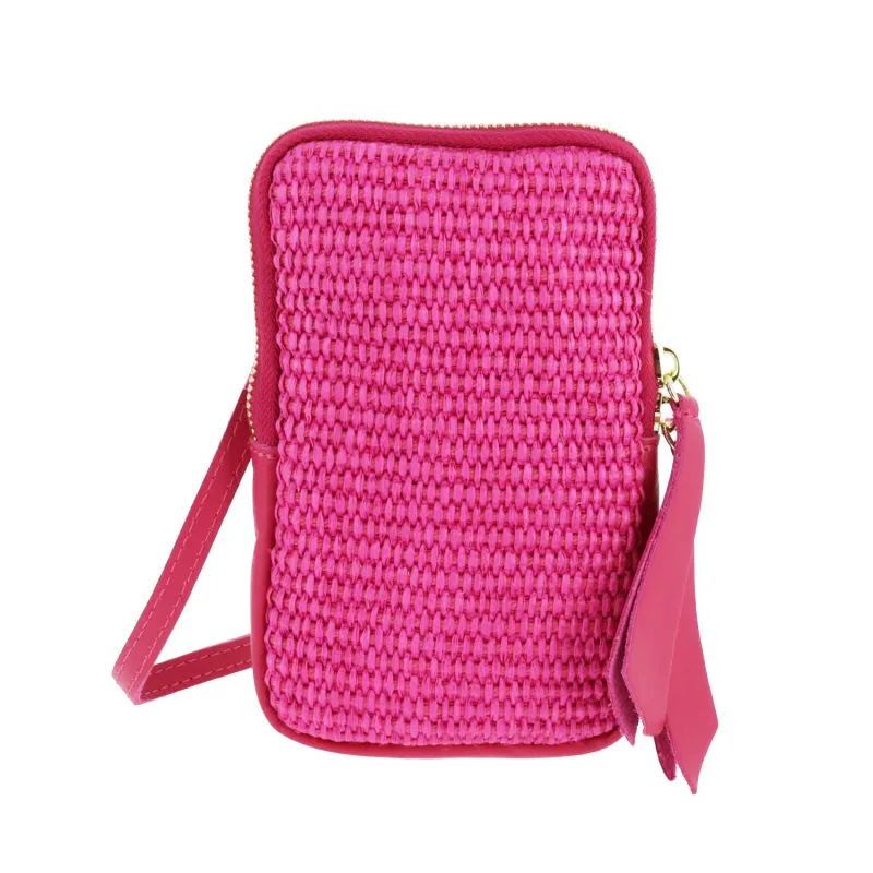 Sac pochette telephone en Cuir effet paille, rose - face