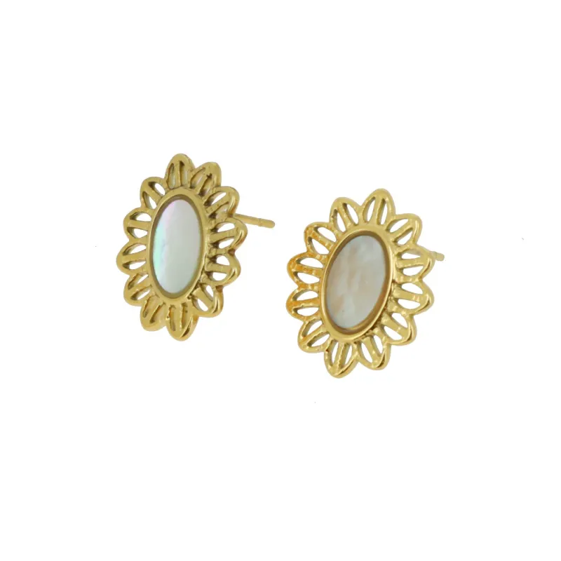 Boucles d'oreilles dorées fantaisies, avec une pierre blanche