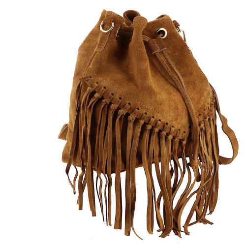 Orion sac seau à franges en cuir daim -  camel - cote