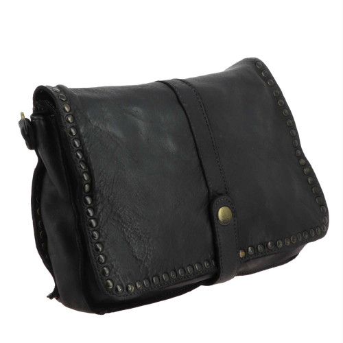 DERBY sac besace vintage en cuir - noir- côté