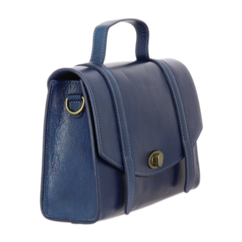 YORK sac à main cartable vintage en cuir - bleu- côté