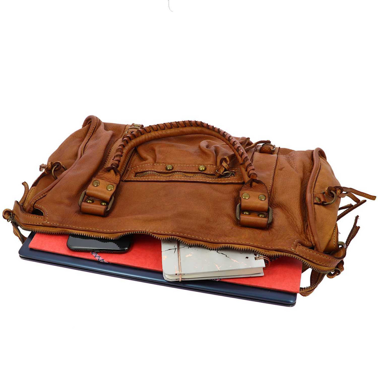 MELLAL sac à main bandoulière vintage en cuir - camel - intérieur