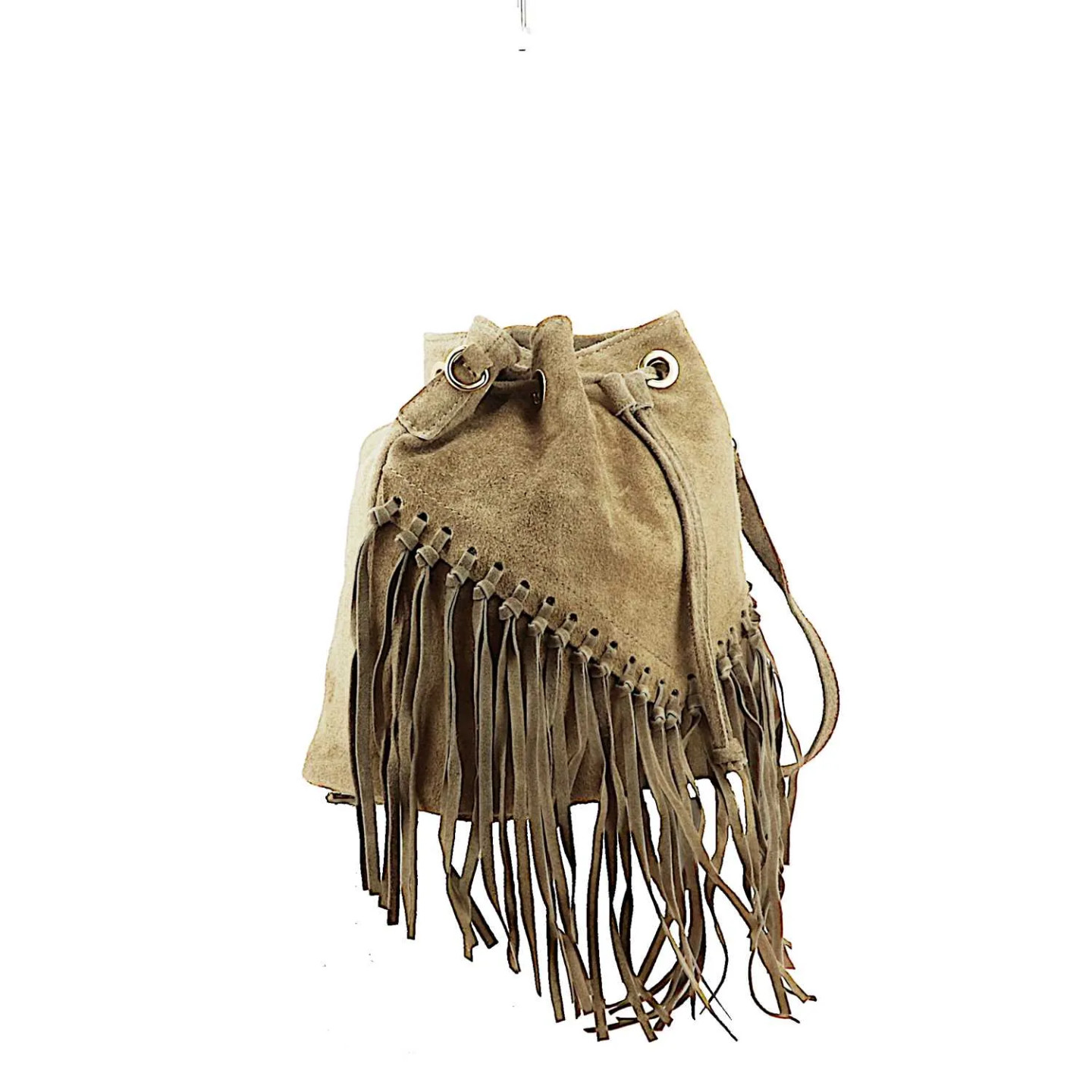 Sac seau à franges taupe en cuir daim ORION coté