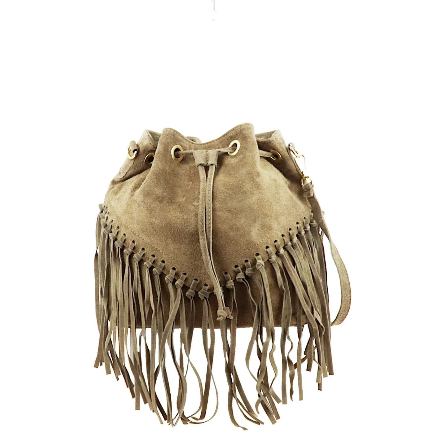 Sac seau à franges taupe en cuir daim ORION