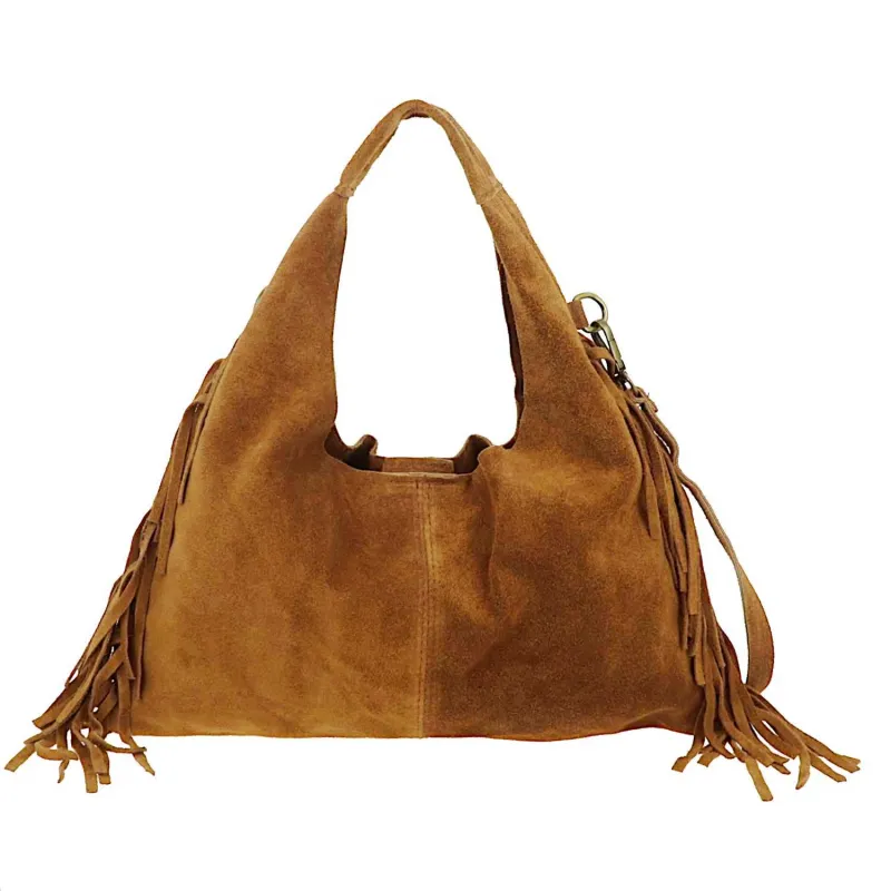 Sac triangle à franges en cuir daim camel Granby - face
